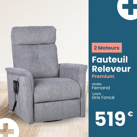 Fauteuil Releveur Premium - 2 Moteurs - Gris Foncé - Modèle Fernand - Tranquille Émile