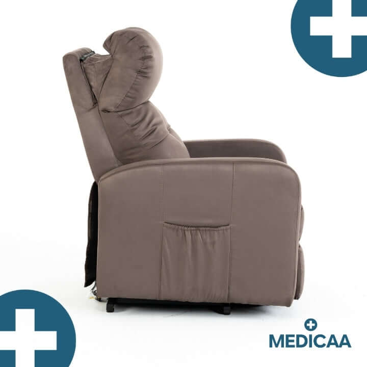 Medicaa fauteuil_releveur 4 moteurs Jules Tranquille emile taupe profil appui tete vue