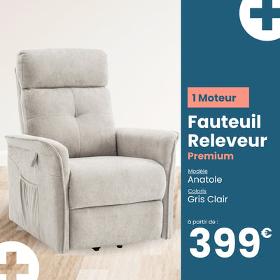 Fauteuil relax releveur 2 fonctions (1 moteur) – Anatole – Gris clair