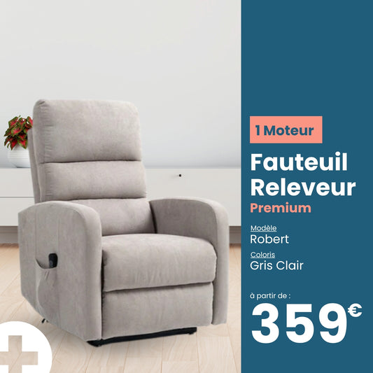 Fauteuil Releveur Premium - 1 Moteur - Gris Clair - Modèle Robert - Tranquille Émile