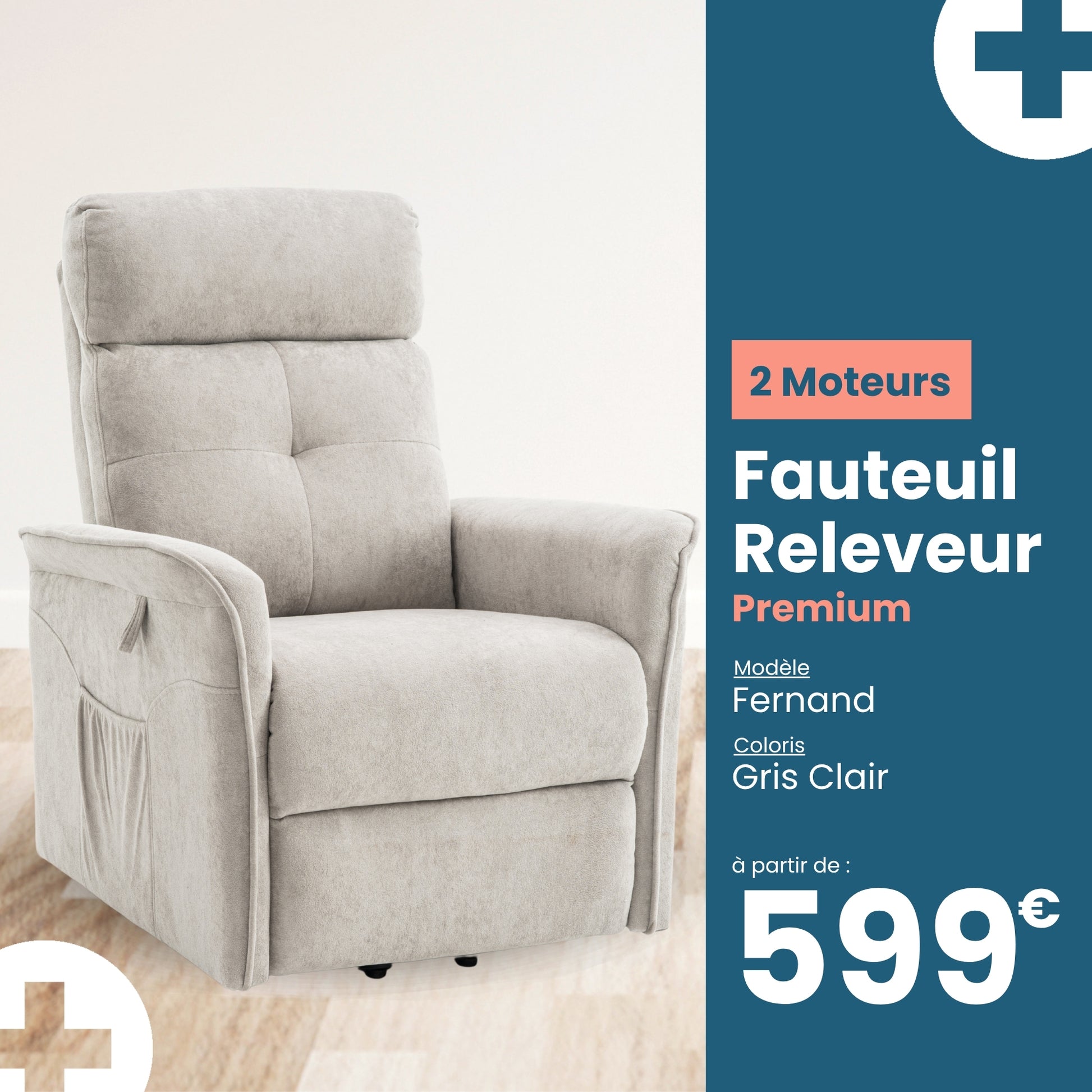 Fauteuil Releveur 2 moteurs fernand gris clair