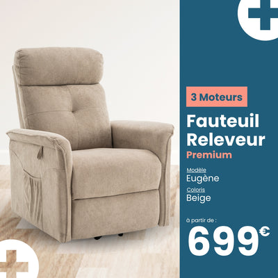 Fauteuil relax releveur 4 fonctions (3 moteurs) – Eugène – Beige