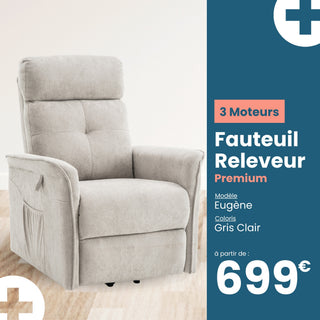 Fauteuil relax releveur 4 fonctions (3 moteurs) – Eugène – Gris clair