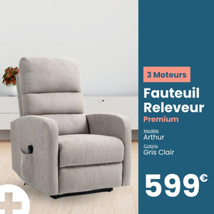 Fauteuil Releveur Premium - 3 Moteurs - Gris Clair - Modèle Arthur - Tranquille Émile