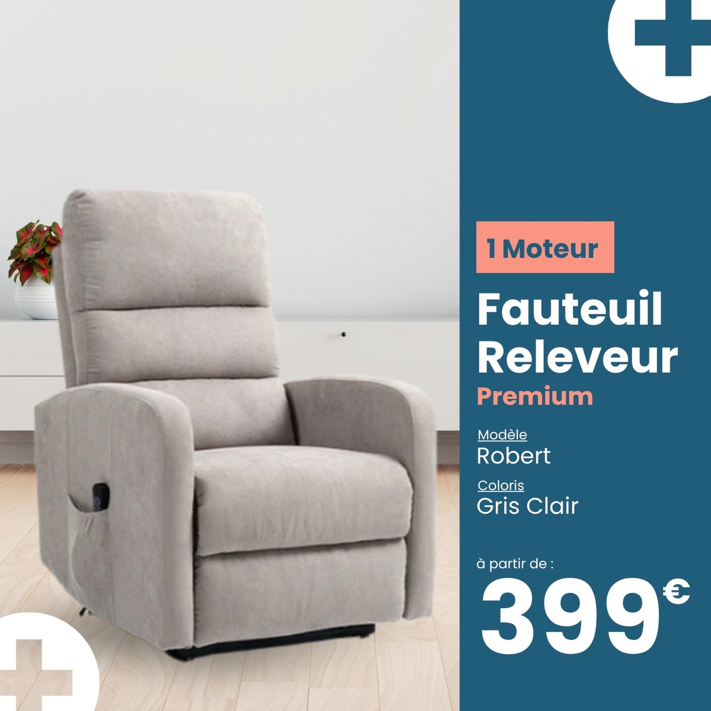 Fauteuil Releveur Premium - 1 Moteur - Gris Clair - Modèle Robert - Tranquille Émile