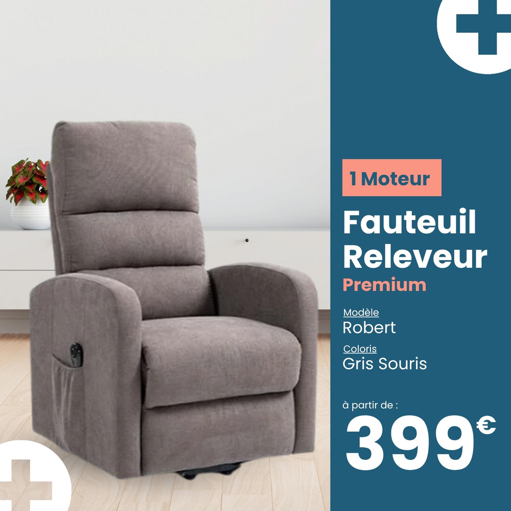 Fauteuil Releveur Premium - 1 Moteur - Gris Souris - Modèle Robert - Tranquille Émile