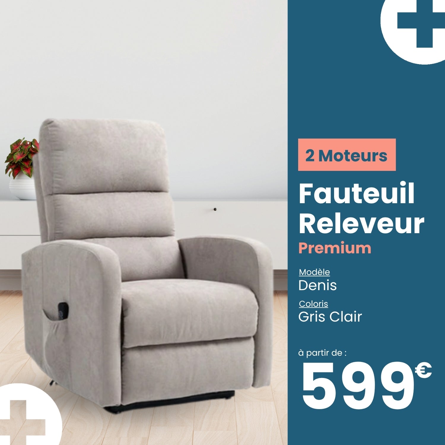 Fauteuil Releveur Premium - 2 Moteurs - Gris Clair - Modèle Denis - Tranquille Émile