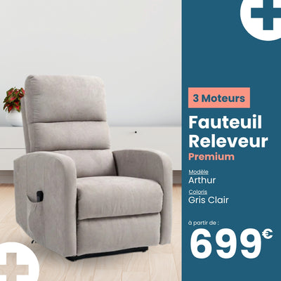 Fauteuil relax releveur 4 fonctions (3 moteurs) – Arthur – Gris clair / Beige