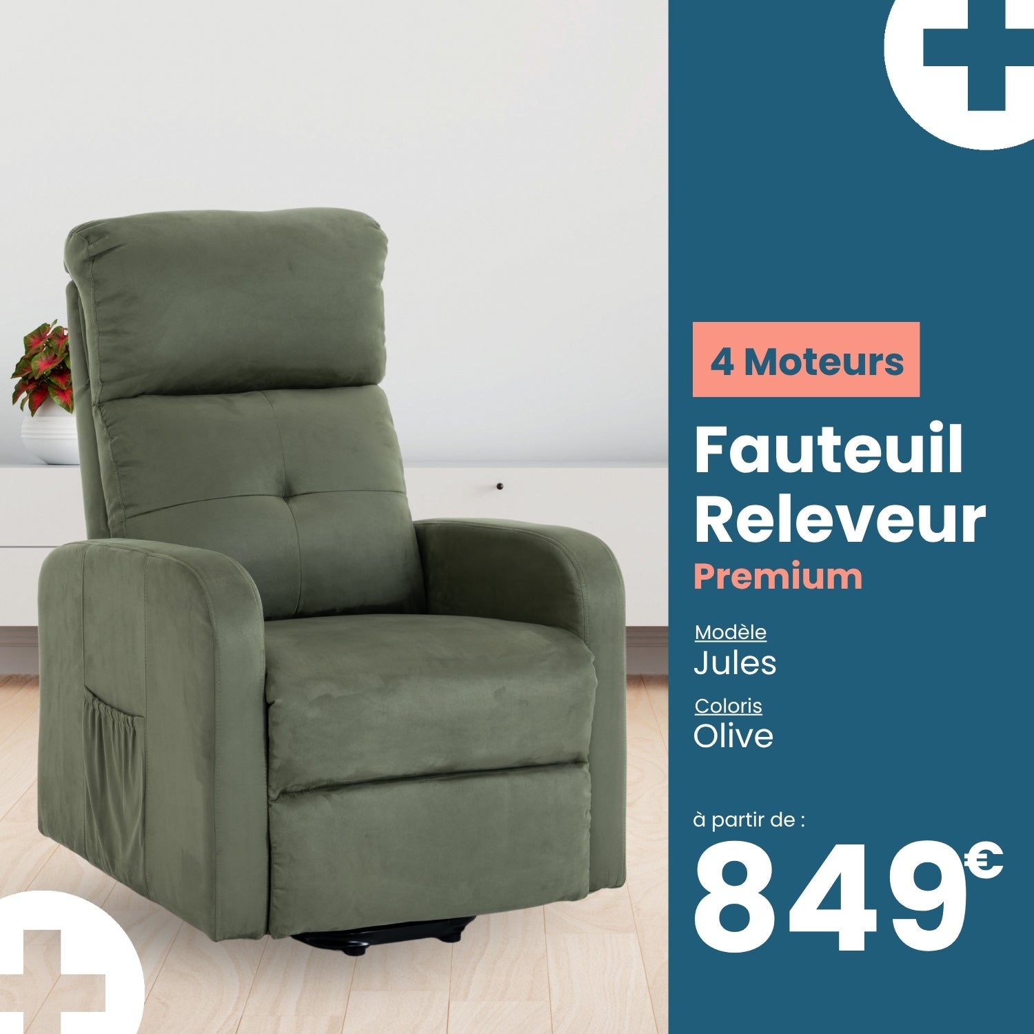 Fauteuil Releveur Premium - 4 Moteurs - Olive - Modèle Jules - Tranquille Émile