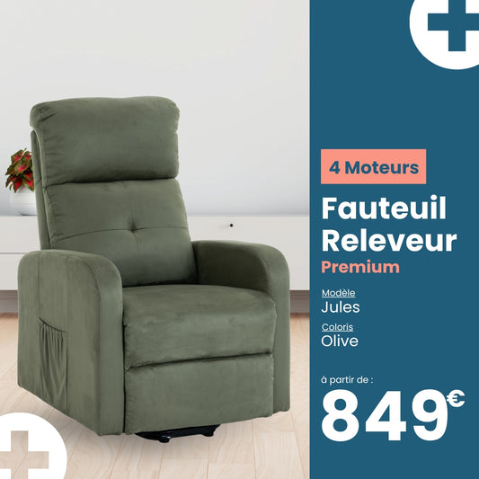 Fauteuil Releveur Premium - 4 Moteurs - Olive - Modèle Jules - Tranquille Émile