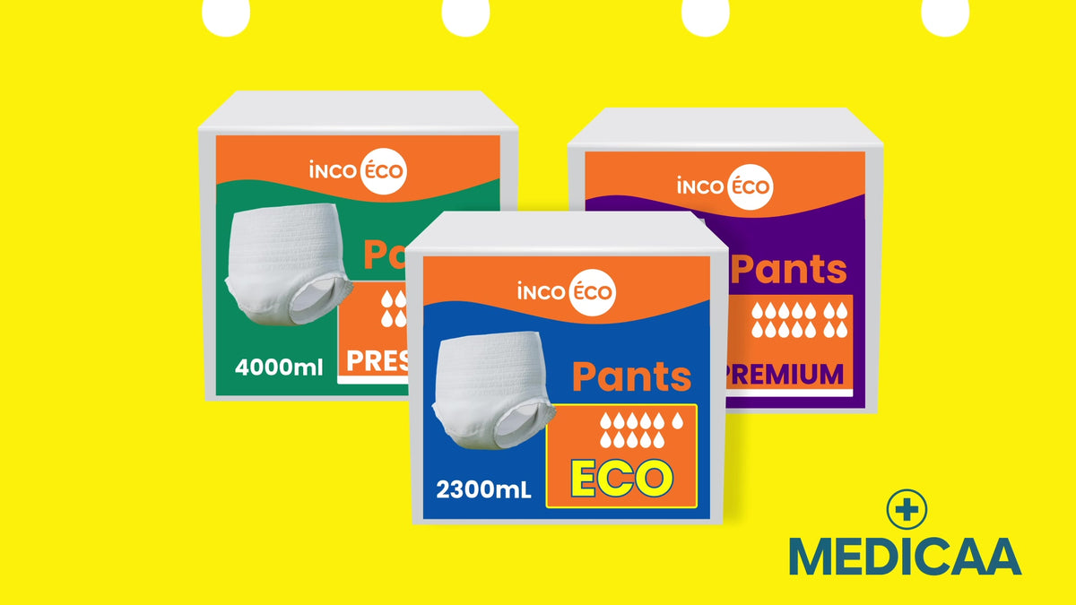 Publicité TV Medicaa : paquets de culottes absorbantes INCOECO Eco, Premium et Prestige, jusqu’à 4 litres pour les modèles XL Premium et Prestige